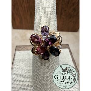 Vintage 14K Gold Multicolor Spinel Sapphire Cocktail Ring Mid Century Sz 6.75